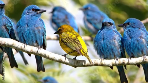 Vibrant yellow bird stands out among a flock of bright blue birds on a branch