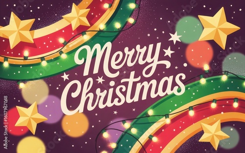 Merry Christmas Text with Colorful Lights Background

