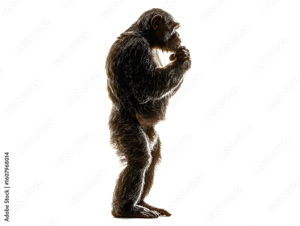 Fototapeta premium Side view of thoughtful chimpanzee standing and touching its chin in a bright white studio setting isolated.