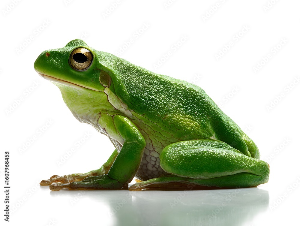 Fototapeta premium A vibrant green tree frog sits peacefully against a stark white background in a studio environment setting.
