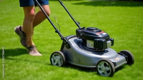 A person from the waist down, pushing a silver lawnmower across a well-maintained, vibrant green lawn 4K video.