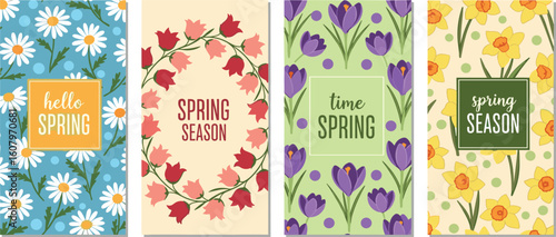 Set of spring modern backgrounds with minimalist geometric flowers.