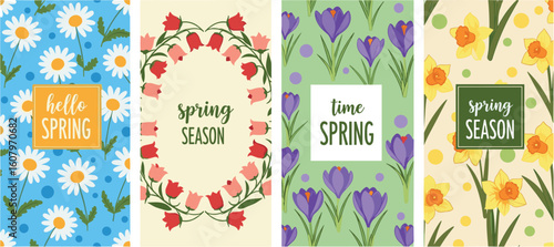 Set of spring modern backgrounds with minimalist geometric flowers.