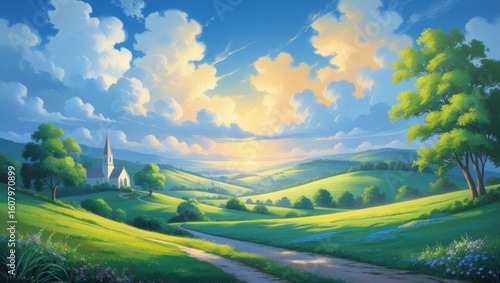 Fototapeta Naklejka Na Ścianę i Meble -  A picturesque rural landscape with a church nestled in rolling hills.