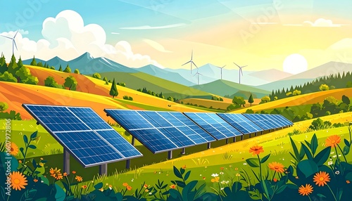 Solar panels in a picturesque landscape with wind turbines and mountains