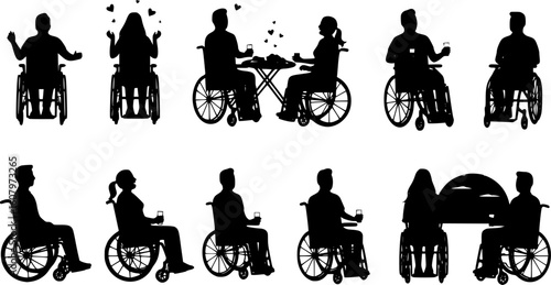Couple in wheelchair vector silhouette set