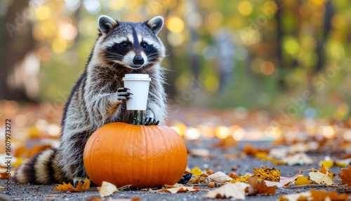 Funny Cute Raccoon With a Cup of Coffee on a Fall Autumn Day Posing by a Pumpkin. Generated image