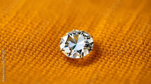 Close-up of a single diamond on a golden fabric. the diamond is in the center of the image, with its facets reflecting the light and creating a shimmering effect.