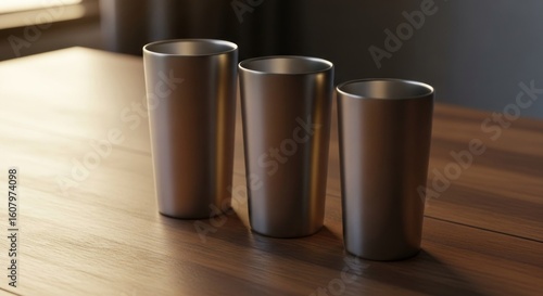 Three metal cups stand on a wooden table bathed in sunlight
