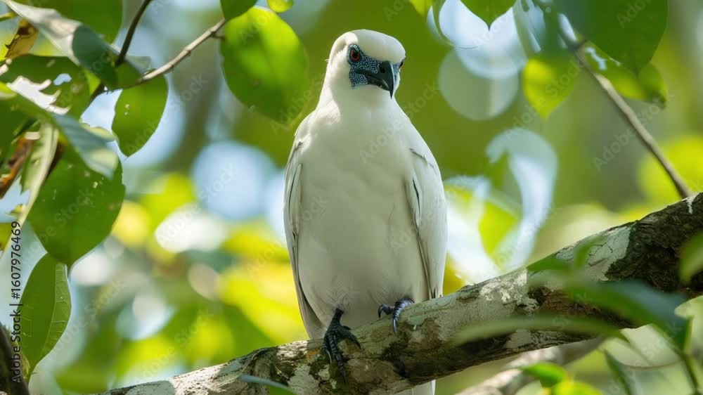 White bird perched on a branch in a lush green forest White bird perched on a branch in a lush green forest
