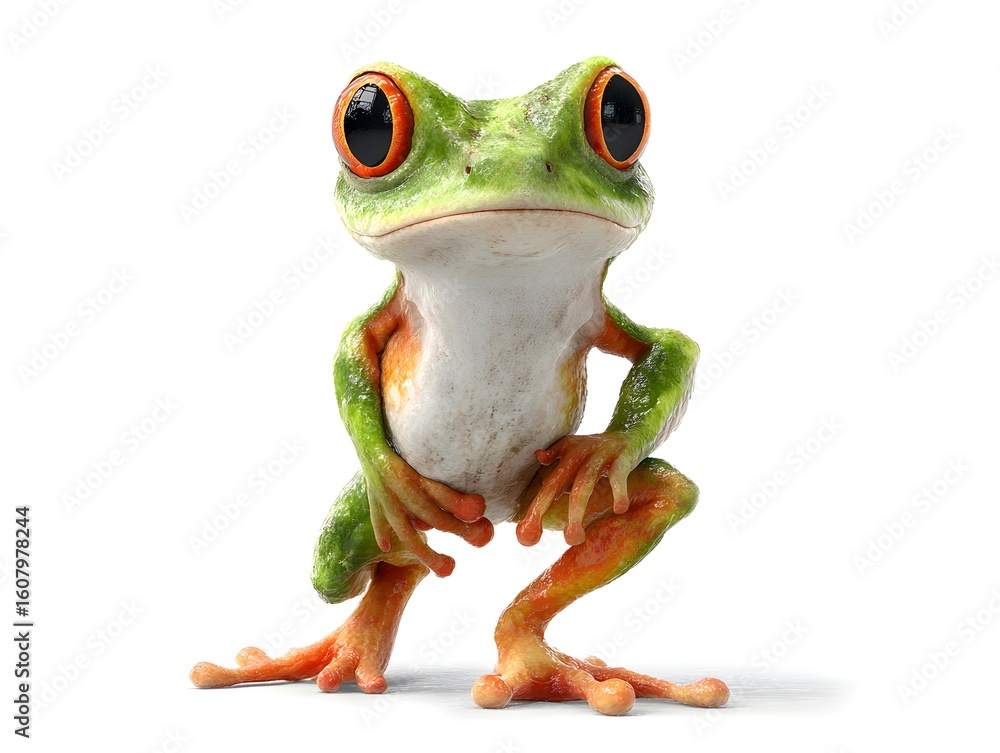 Obraz premium A whical frog figurine with bright orange eyes and green skin confidently poses on a white surface.