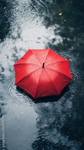 A red umbrella surrounded by rain drops and ripples in a puddle on a rainy day outdoors