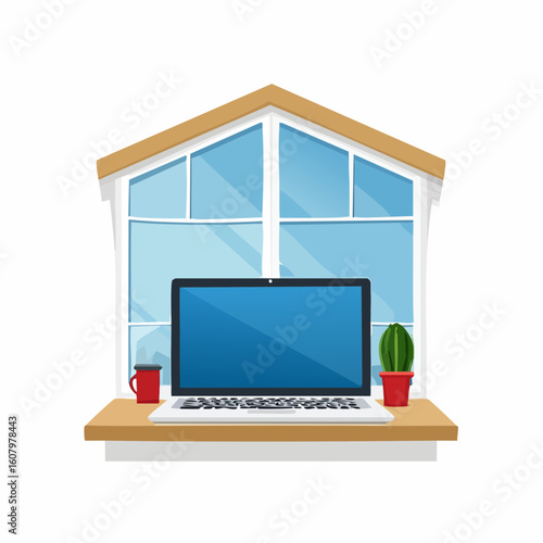 A laptop sits on a windowsill with a cactus and a mug.