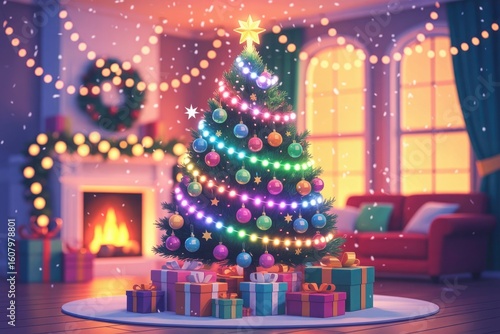 Colorful Ornament Christmas Tree Night Background

