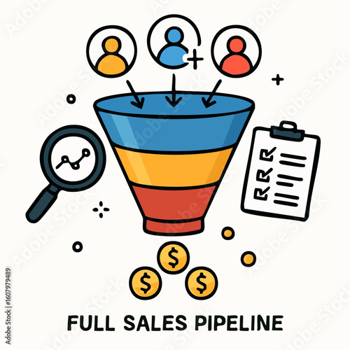 Illustration showing a sales funnel converting leads into revenue, with icons representing customers and data analysis.
