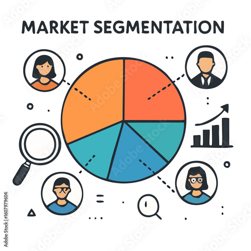 Conceptual illustration depicting market segmentation with pie chart and representative icons.