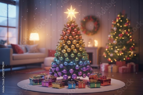 Colorful Ornament Christmas Tree Night Background

