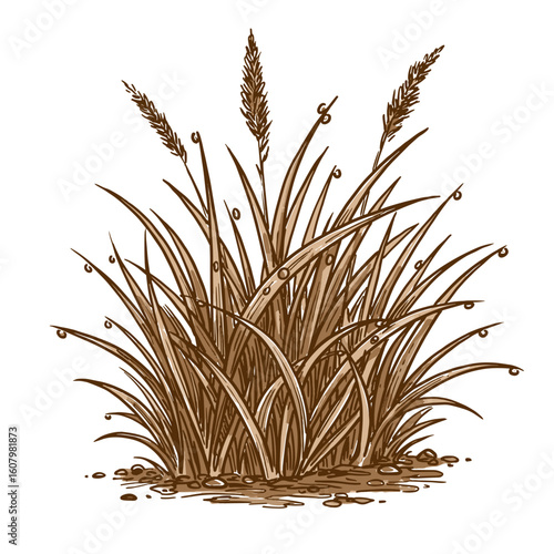 Grass with dew in a natural sketch style illustration  