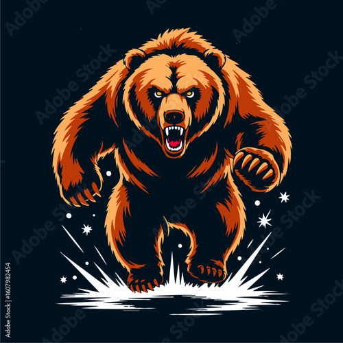 A fierce brown bear charging forward with an aggressive expression and open mouth.