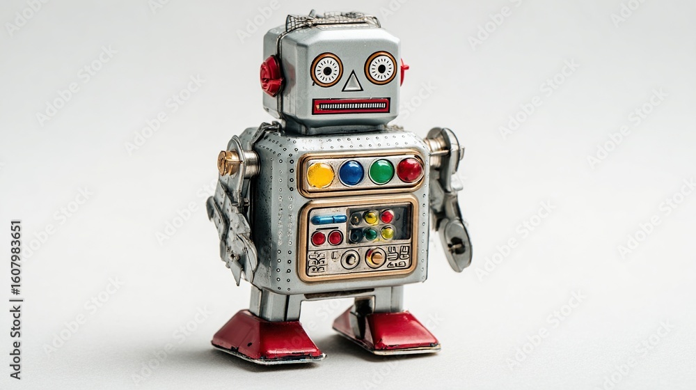 Retro, silver tin toy robot with red feet and buttons against a plain white background Retro, silver tin toy robot with red feet and buttons against a plain white background
