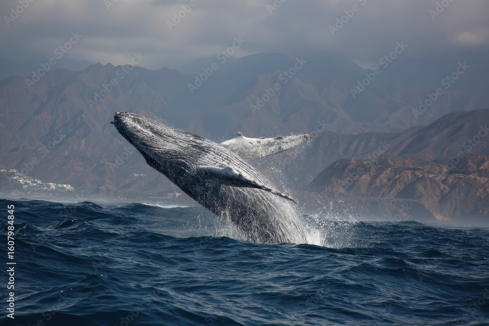 Fototapeta premium Humpback whale breaching the ocean's surface with mountains in the distance. Great for conservation, wildlife, or travel-related design projects.