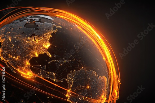 Global network, glowing planet
