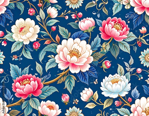 Fototapeta Naklejka Na Ścianę i Meble -  Floral pattern of peonies and blossoms on a deep blue background.  Detailed illustration of various flowers, leaves, and berries, in shades of pink, white, and cream, on a dark blue backdrop.  