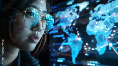 Wallpaper Mural Woman with round glasses, looking at a holographic world map Torontodigital.ca