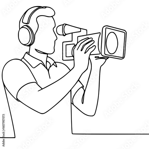 Continuous Line Art Illustration of a Cameraman Filming with Professional Equipment

