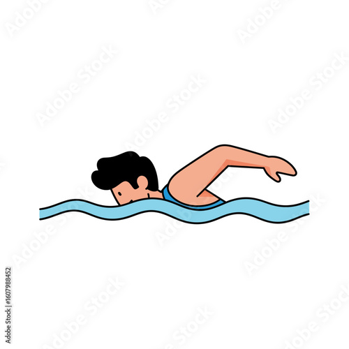Illustration of a person swimming freestyle in blue water, with head partially submerged and arm extended forward.
