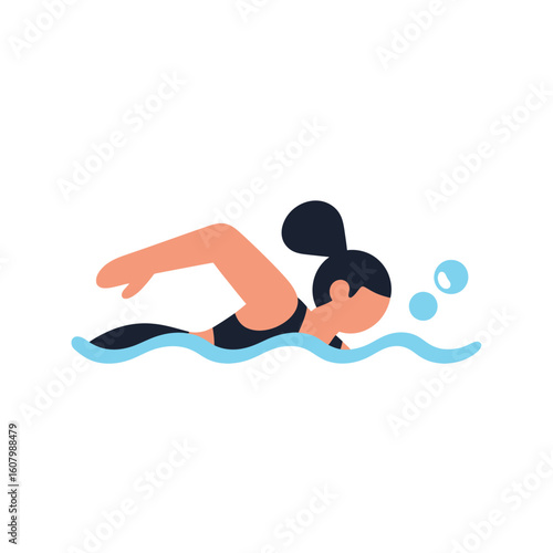 Illustration of a woman swimming freestyle in blue water, with bubbles and a black swimsuit.