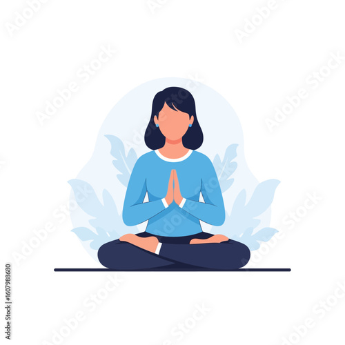Woman in lotus position meditating with hands in prayer pose against a leafy background, promoting wellness and relaxation.