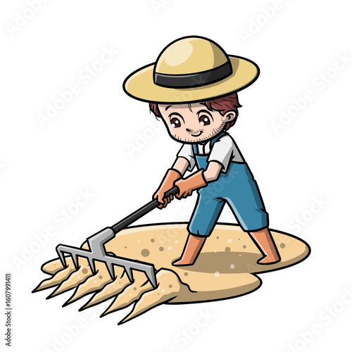 Young boy with rake, hat gardening. Ideal for lifestyle blogs, childrens educational materials, gardening magazines, and familyoriented advertisements.