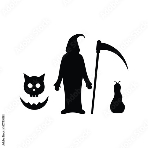 Minimalist grim reaper with scythe graphic set featuring a distinctive silhouette style