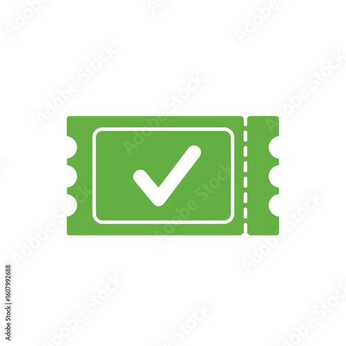 A green ticket icon with a white checkmark inside, indicating approval, validation, or entry confirmation.