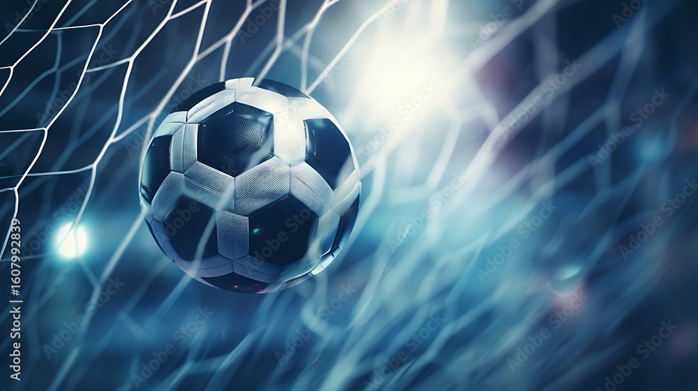 Naklejka premium A soccer ball captured mid flight as it enters the net against a bright blue and white background