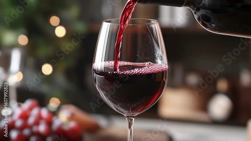 An elegant glass of wine being poured, offering a moment of indulgence and refinement, the deep red liquid swirling invitingly, capturing a sensory experience.