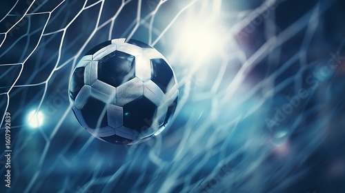 A soccer ball captured mid flight as it enters the net against a bright blue and white background