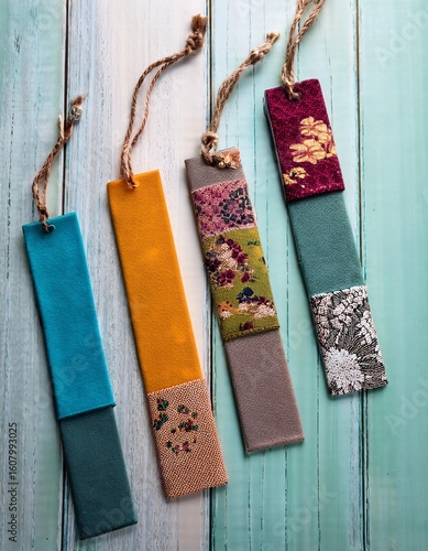 Colorful bookmarks displayed on a rustic wooden background showcase creative designs.