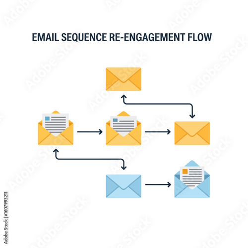 Email sequence re-engagement flow diagram showing a series of envelopes and arrows illustrating the process of sending and receiving emails.
