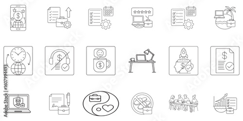 Remote Work and Freelancing Icons, Productivity, Online Jobs, Digital Nomad, Task Management, and Virtual Business Vector Set
