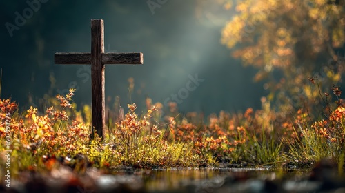 Wooden cross stands in flower field, near water, against dreamy background. Use for Easter, faith, religion, or spirituality projects and illustrations.