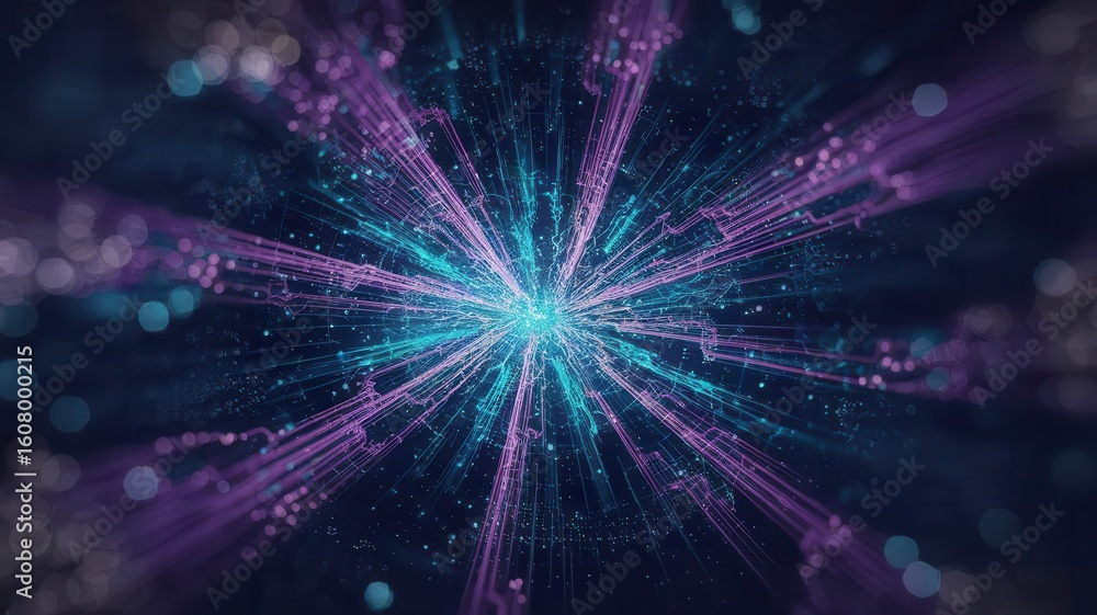 Obraz premium Abstract digital data visualization with radiating light beams and network