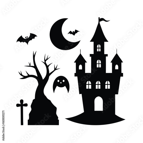 Halloween haunted house castle moon bat graphic set silhouette