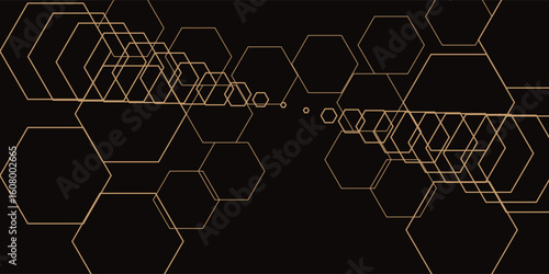 Black and yellow hexagonal technology vector abstract background. Yellow bright energy flashes under hexagon in modern technology futuristic background illustration. Dark gray honeycomb texture grid.