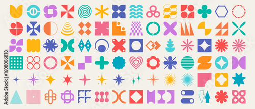 Vector set of geometric shapes. Trendy abstract minimalist figures, stars, flowers, circles. Modern abstract graphic design elements. Vector