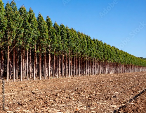 Even rows of eucalyptus trees planted in a field