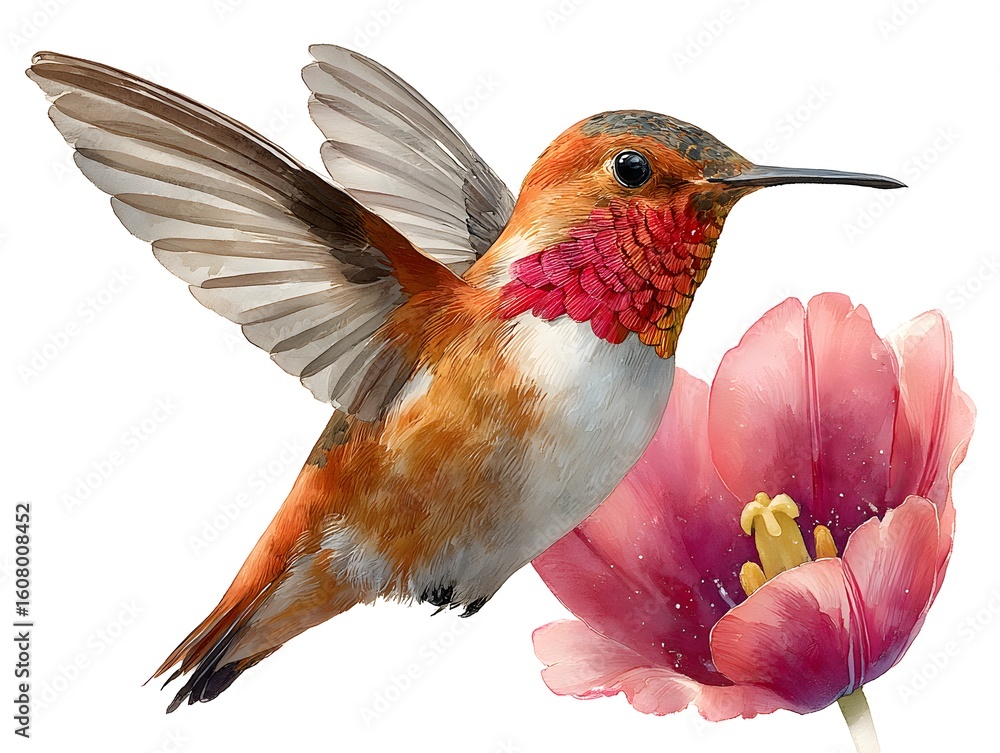 Fototapeta premium A vibrant hummingbird with red throat hovers near a bright pink flower in a watercolor illustration style.