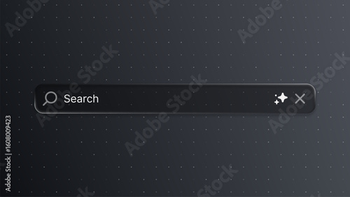 Dark search bar with magnifying glass icon and text search. Modern user interface element with liquid glass black vector.