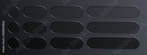 Liquid glass black vector frames set. Abstract dark geometric shape background. User interface design element for web application.